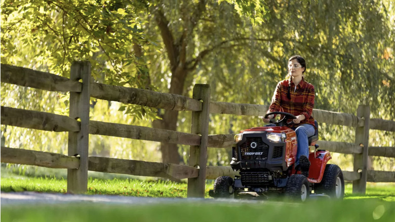woman riding troy-bilt