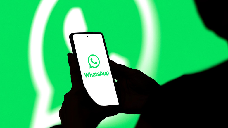 A silouette of a person holding a smartphone displaying the WhatsApp logo in their hands.