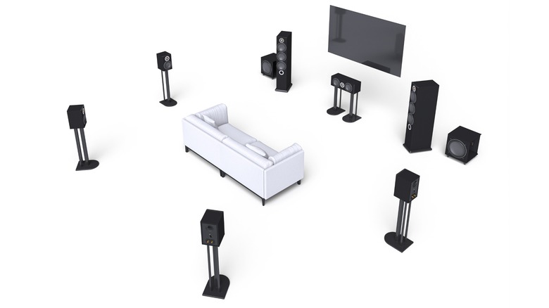 Render of a 7.2 channel surround sound system with a couch in the middle