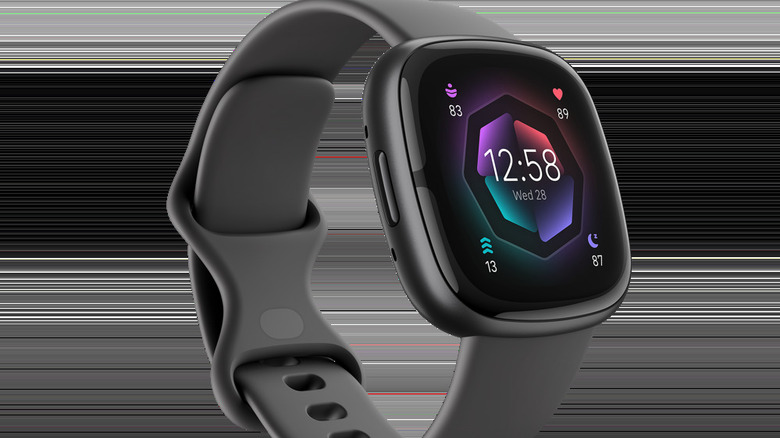 The Fitbit Sense 2 fitness tracking watch on a stylized background
