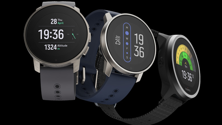 Three Suunto 9 watches arranged side-by-side horizontally.