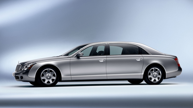 Maybach 62 luxury limousine side view on grey background