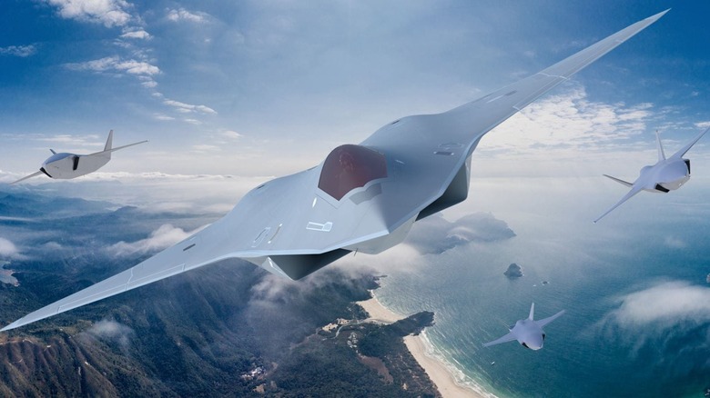 A notional sixth-generation crewed stealth combat jet flies together with a trio of advanced drones