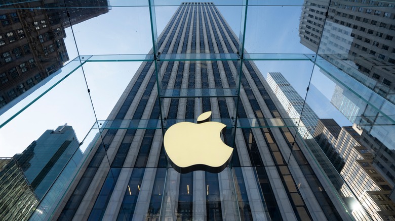 Apple logo on skyscraper building