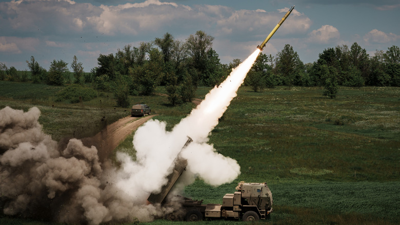 An M142 HUMARS system launching a rocket into the sky in Ukraine