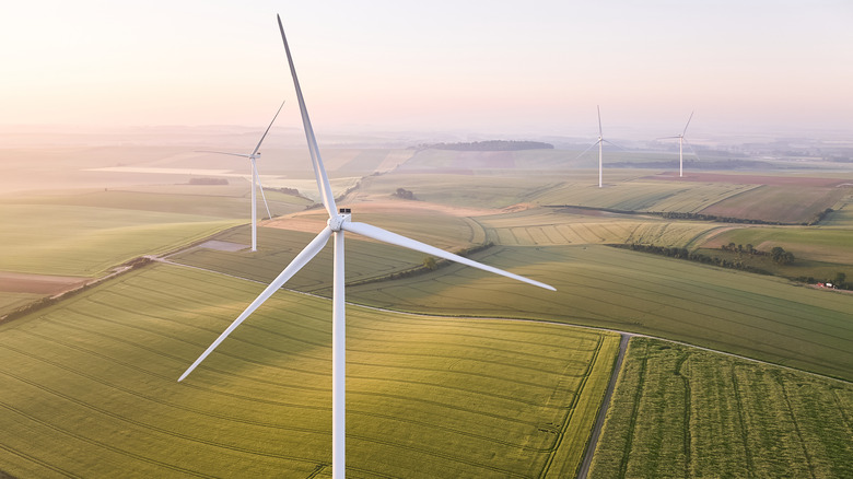 Wind turbines in the middle of green fields