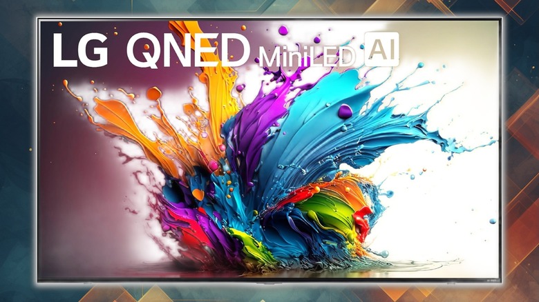An LG 65 Inch Mini LED TV showing an abstract paint splashing image.