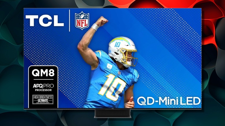 A TCL 65-Inch QM85 QLED 4K TV showing a football player on a blue background.