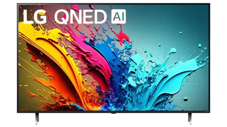LG 75QNED85TUA TV showing a splash of paint image on a white background