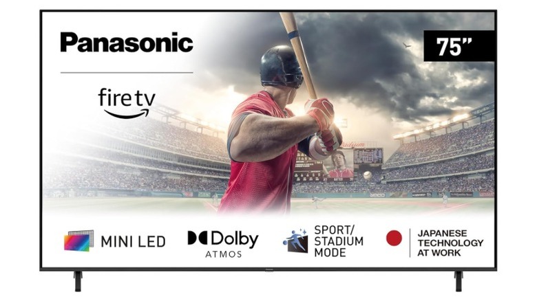 Panasonic TV-75W95AP 75-inch TV on a white background, a baseball player in the screen.