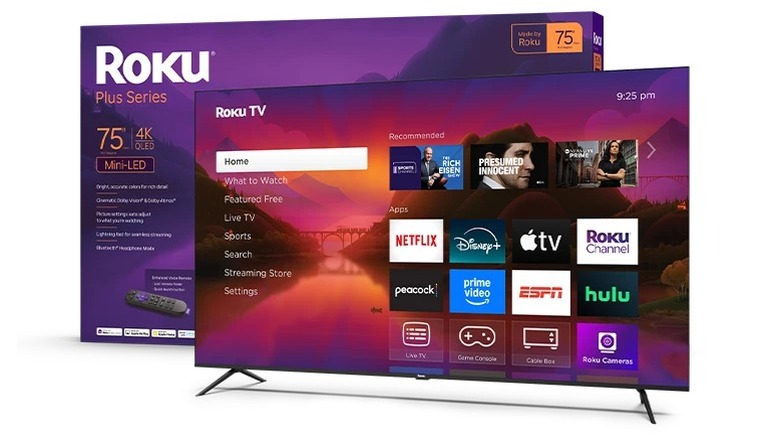 Roku 75-inch Plus Series TV next to its box on white background