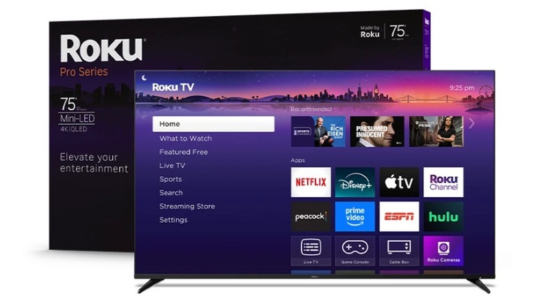 A Roku 75-inch Pro Series TV next to its box on white background