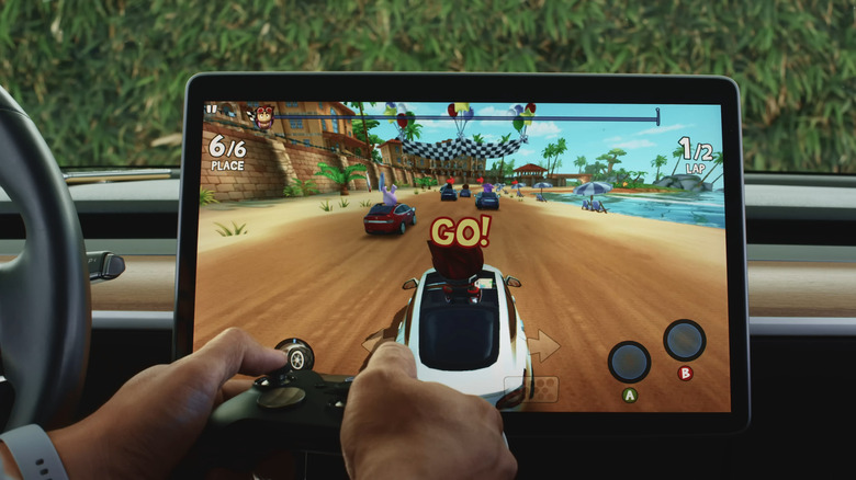 Screenshot from YouTube of racing game in a Tesla