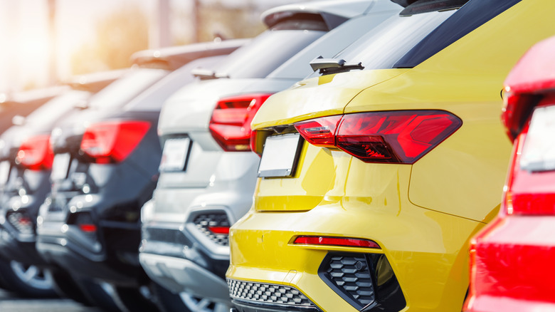 Back view many modern new multicolored SUV cars fleet stock dealership parking lot
