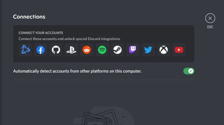 screenshot of all the available connections to other accounts on discord