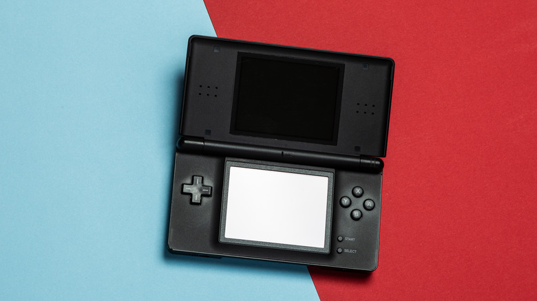 Nintendo DS on a blue and red background
