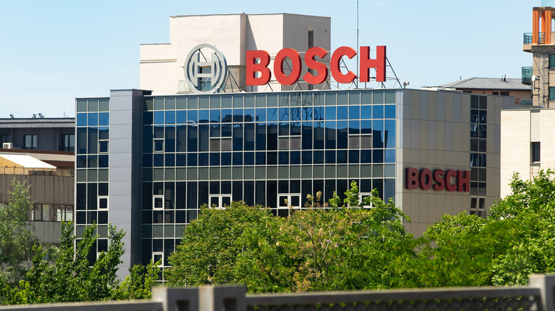 A building with Bosch's logo above it
