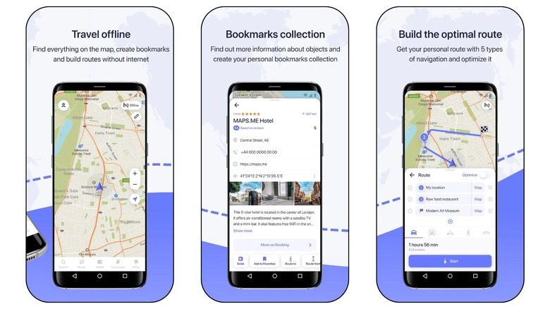 screenshots of MAPS.ME navigation app