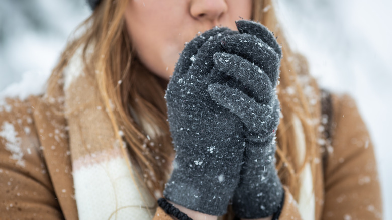 Close up of a person's gloved hands clasped together in front of their face on a snowy day
