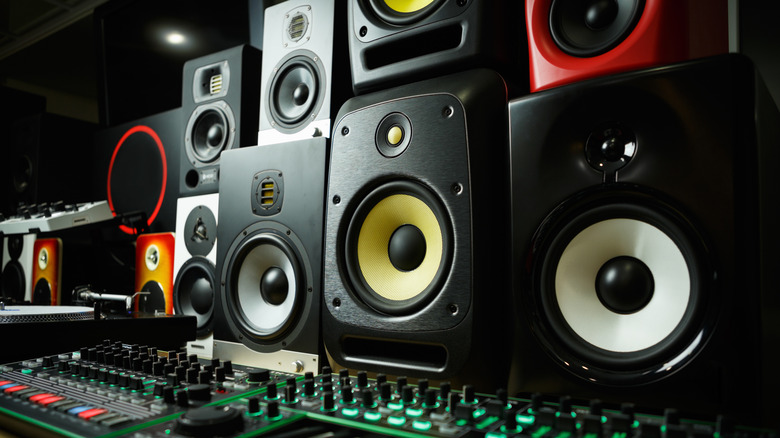 several speakers and audio mixer