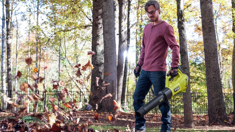Man blowing leaves