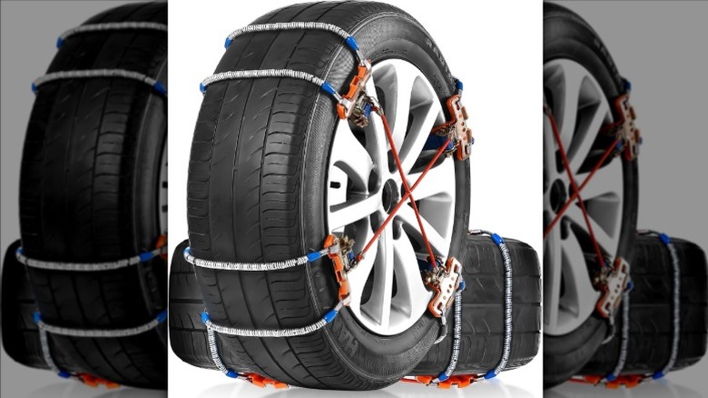 Tires with PLTMIV Universal Tire Chains installed