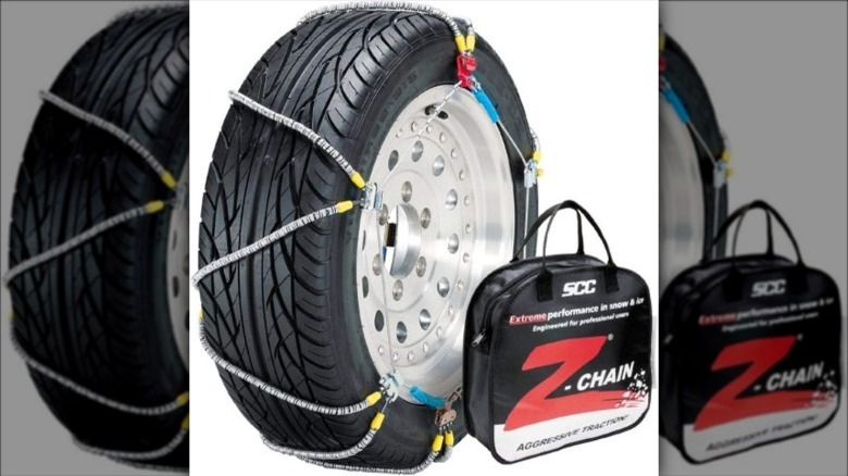 Tire with SCC Z-Chain tire chain and carrying bag