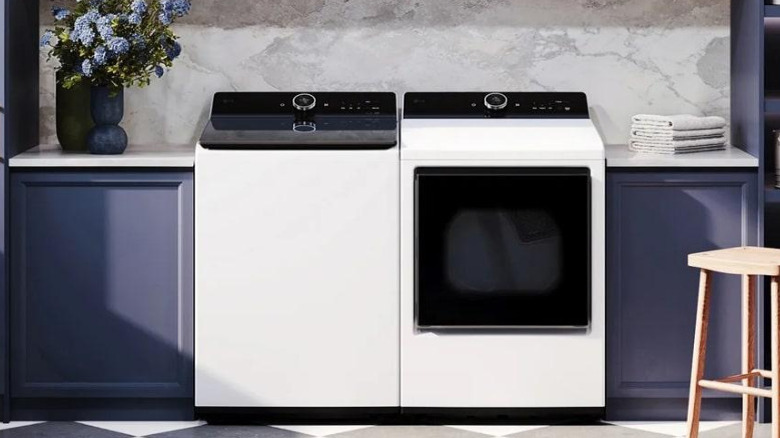 An LG top load washer next to a dryer and some flowers.