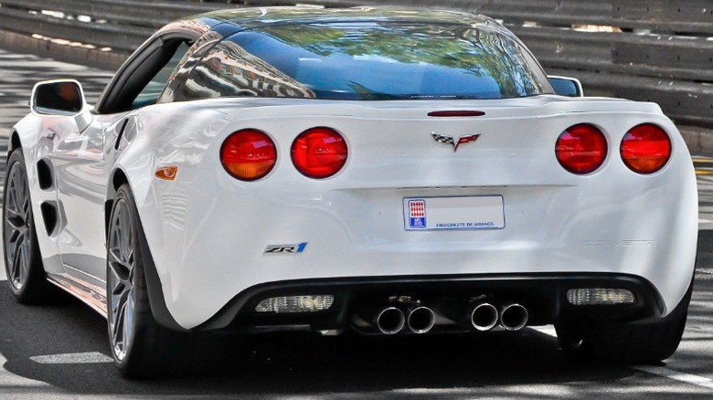 White 2009 C6 Chevrolet Corvette ZR1 rear view