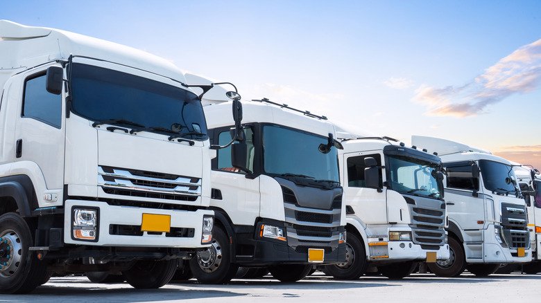 A row of white cab-over semi-trucks
