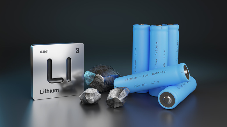 LI plate and lithium ion batteries on black background