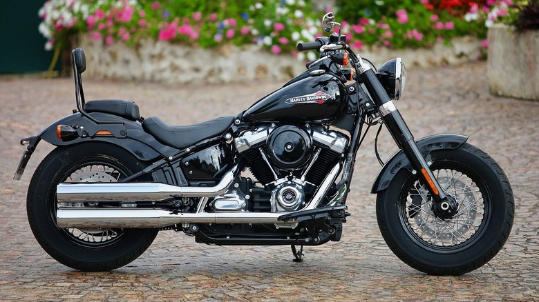 Harley Davidson Softail Slim 2018 parked on a cobbled road, side view