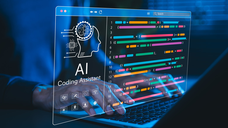 Person typing on laptop with digital AI coding concept overlay