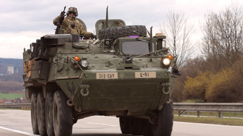 Stryker operating on paved road