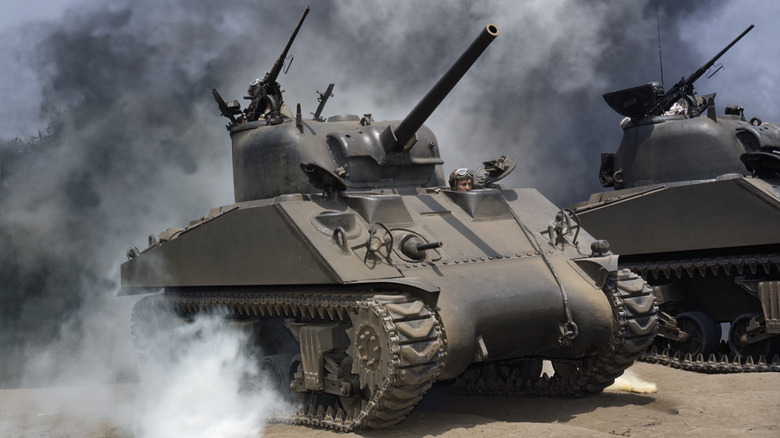 M4 Sherman tank amidst smoke