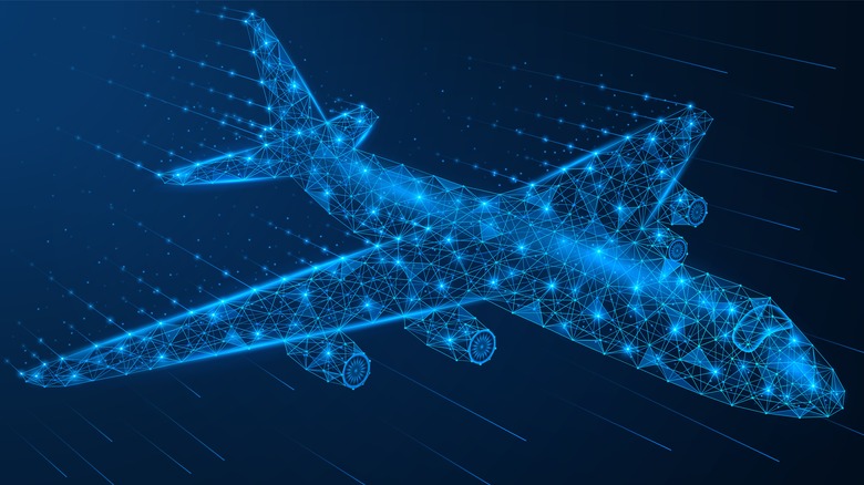 low-poly airplane render with blue dots and lines