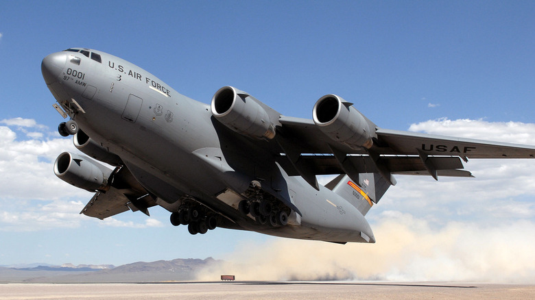 A C-17 Globemaster III taking off from Tonopah runway