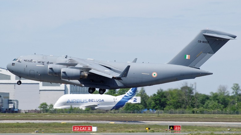 Indian Air Force C-17A Globemaster III taking off from runway