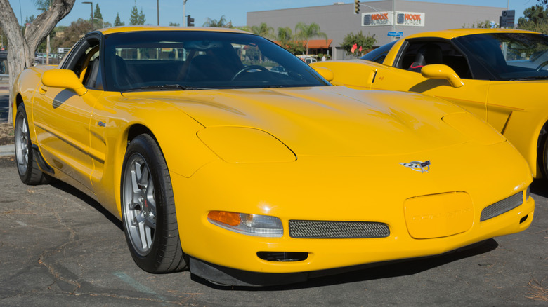 Front view of yellow C5 Corvette Z06 parked at car show.