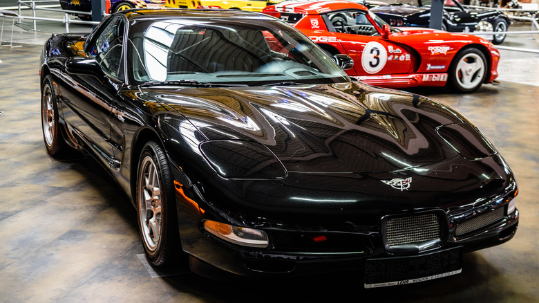 Front view of black C5 Corvette Z06 parked at car show.