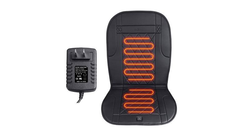 A picture of the Kingleting heated seat cushion, showing a diagram of the heating coils, along with the electrical outlet
