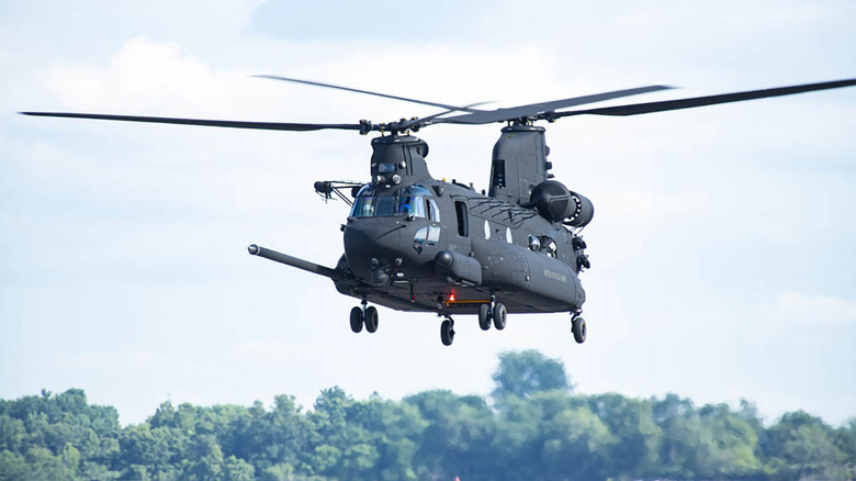 CH-47 Chinook flying over trees 