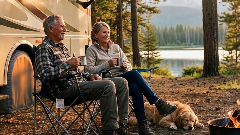 A man and woman sit holding drinks in front of an RV whose wheels have covers.