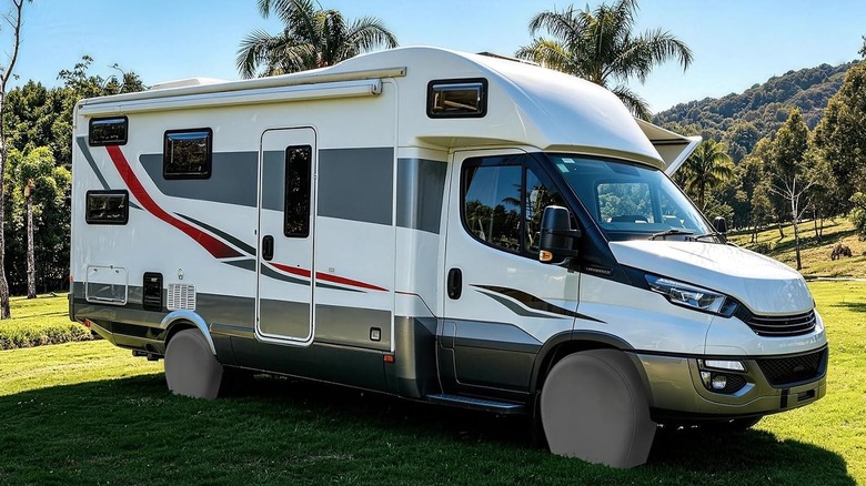 A white RV with tire covers in a field with palm trees behind it.