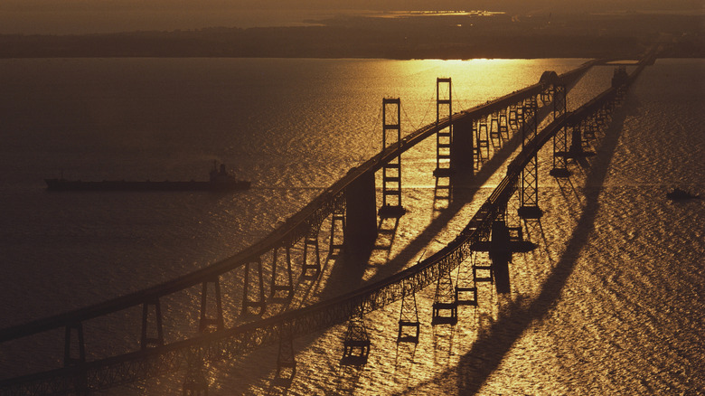 The William Preston Lane Jr Memorial Bridge stretches over the Chesapeake Bay at sunset