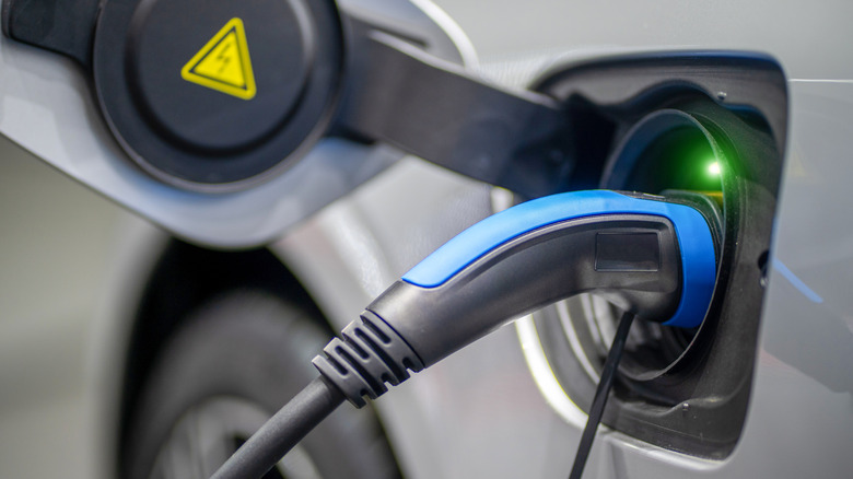 charging cable plugged into EV port with green light