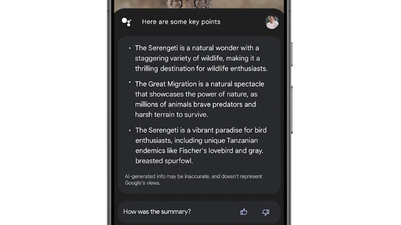 Google Assistant summarizing a page