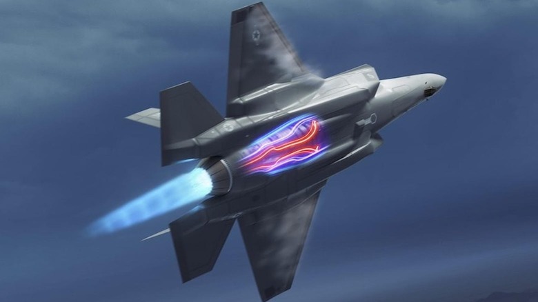 Depiction of a fighter jet powered by a cutting-edge engine