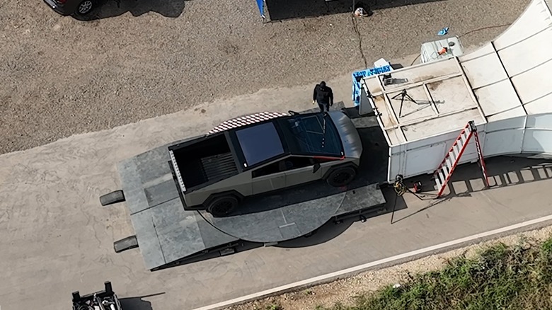 Tesla Cybertruck overhead view wind tunnel