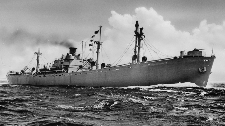 A U.S. Liberty Ship underway at sea during WWII